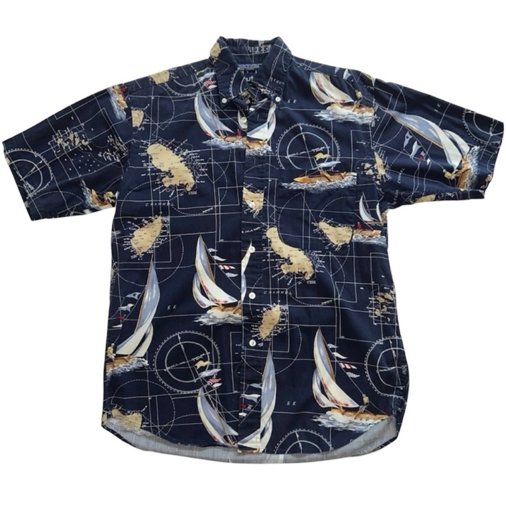 NAUTICA Nautical Short Sleeve Button Down Shirt Navy Sailing Vacation Mens Sz S